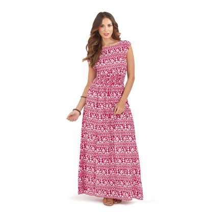 Pistachio Round Neck Multi Pattern Maxi Dress - Red