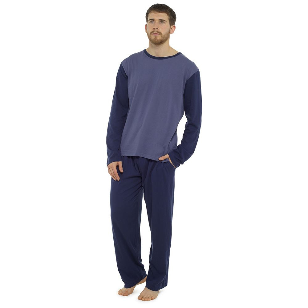 Tom Franks Mens Contrast Long Sleeve Jersey Pyjamas - Navy/Denim