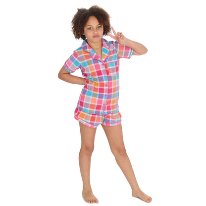 Forever Dreaming Girls Yarn Dyed Woven Check Short Pyjamas - Mint