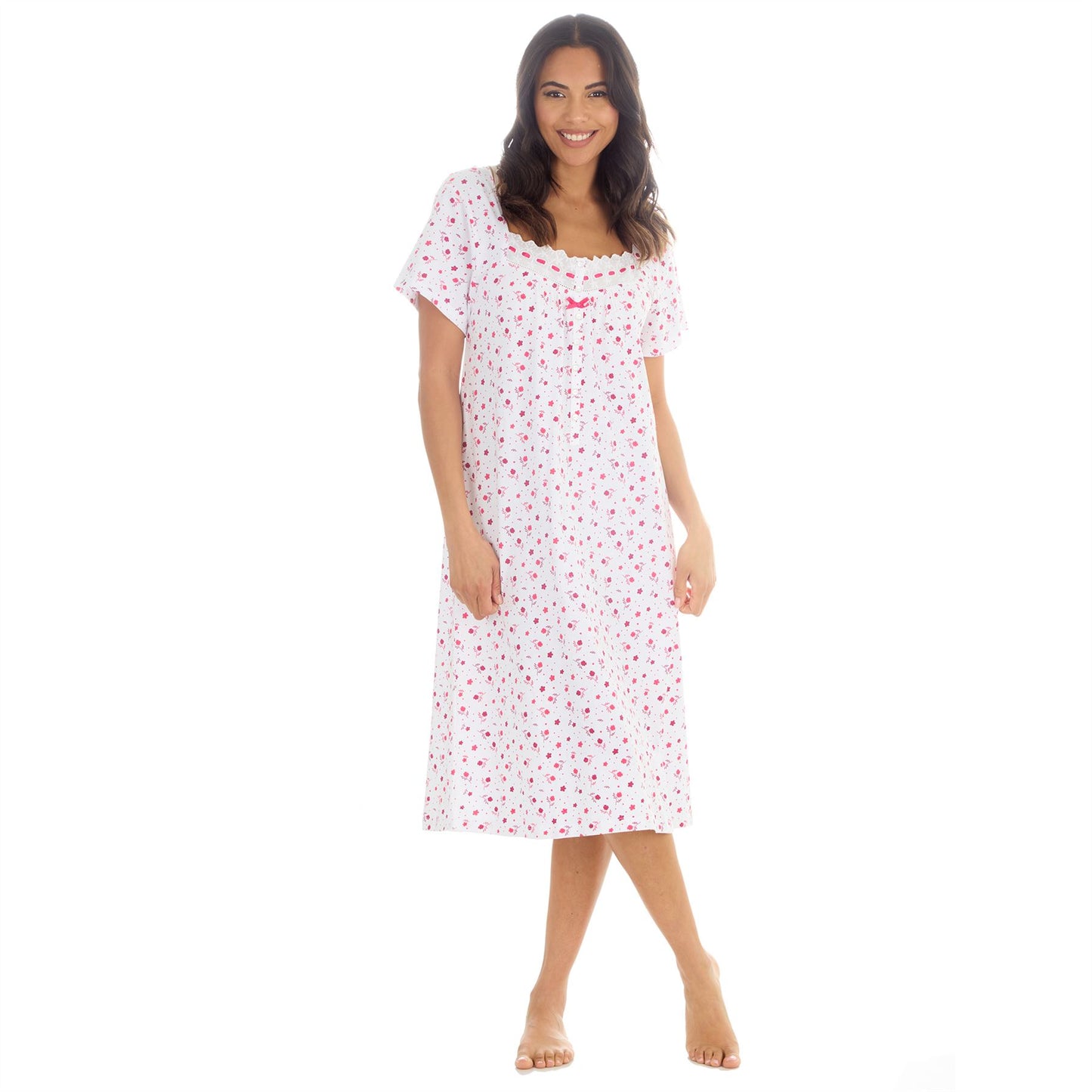 Cottonique Short Sleeve Floral Nightdress - White/Berry