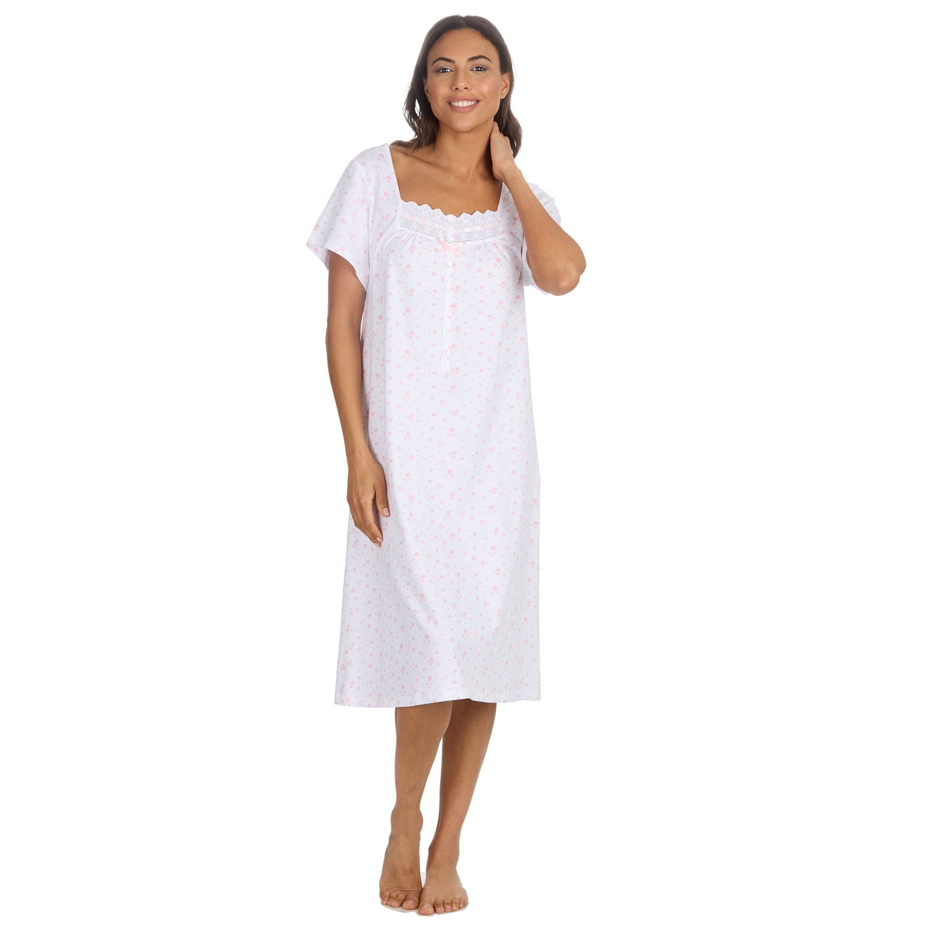 Cottonique Short Sleeve Floral Nightdress - White/Pink Cottonique
