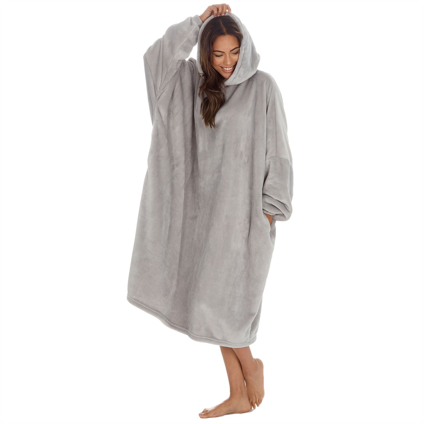 Slumber Party Womens Fleece Longline Hooded Poncho - Grey