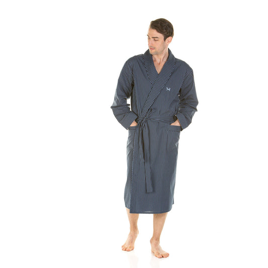 Haigman Mens Pure Cotton Robe - Navy Stripe