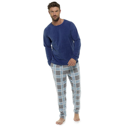 Foxbury Mens Check Fleece Pyjamas - Navy/Grey