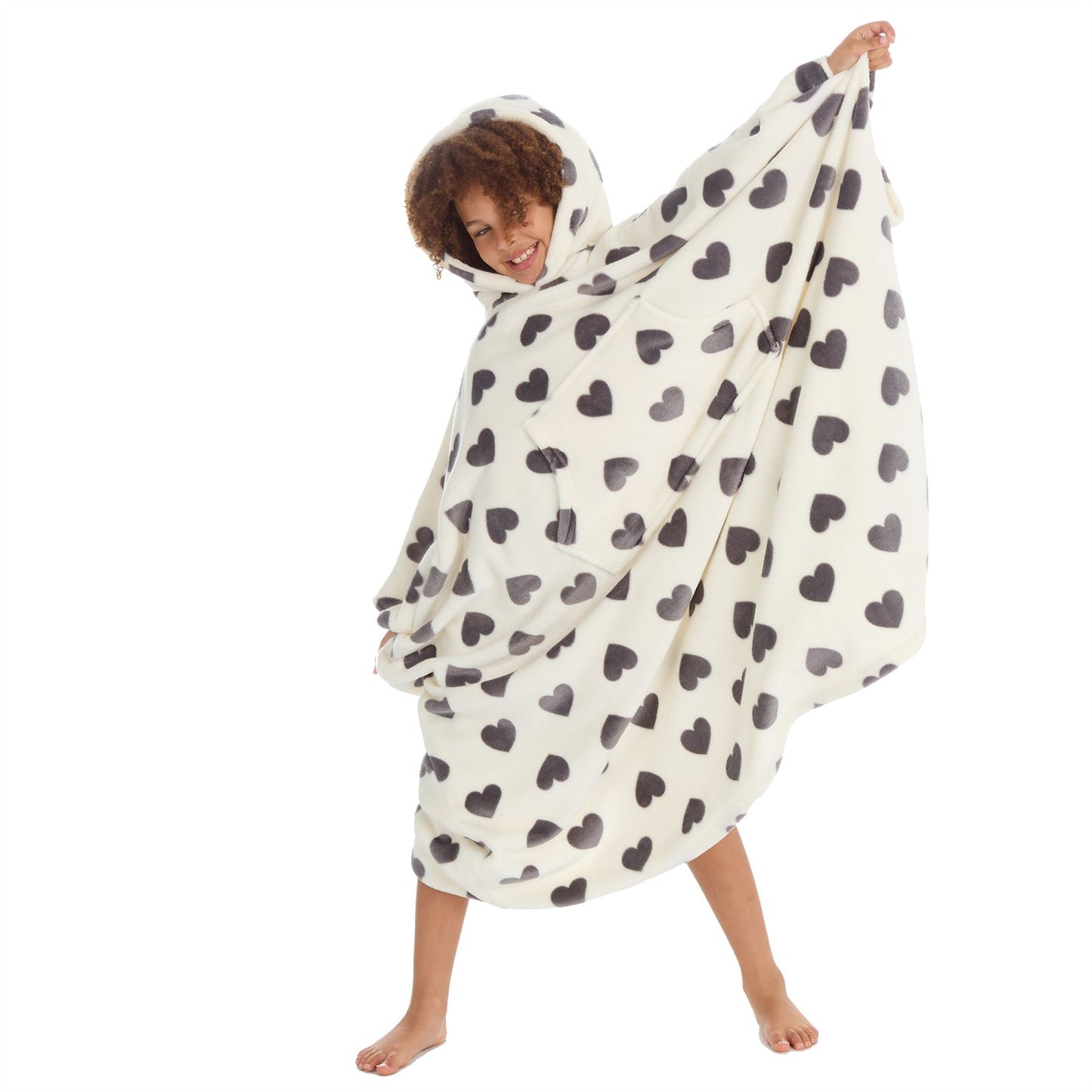 Huggable Hoodie Kids Fleece Oversized Poncho - Cream/Grey Hearts