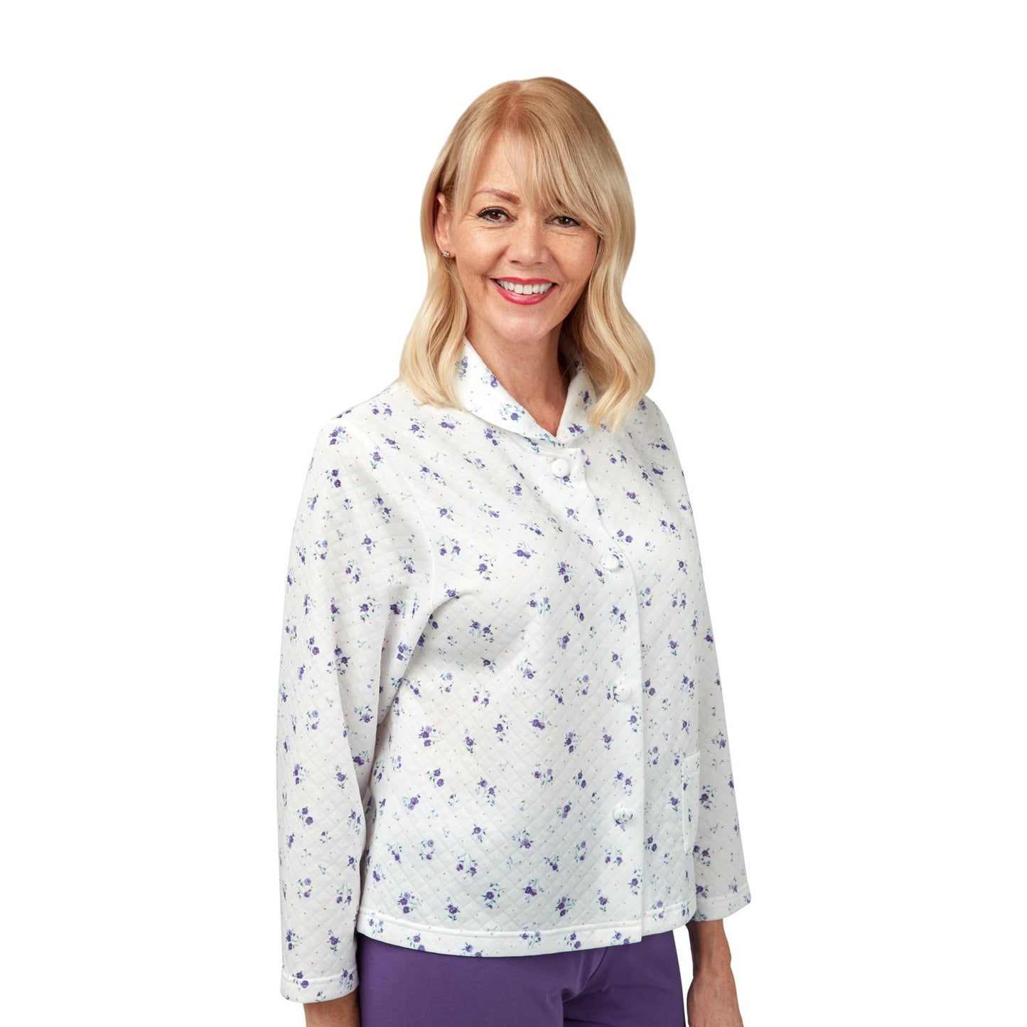 Marlon Mock Quilt Button Through Floral Bedjacket - Blue