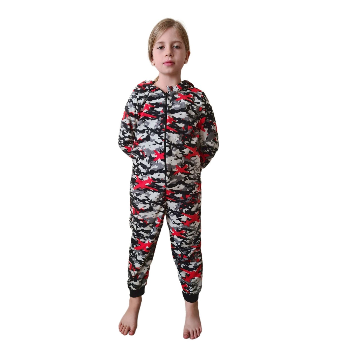 Kids Camo Hooded Fleece Onesie - Grey