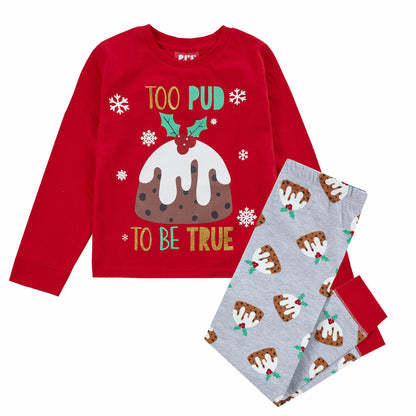 PJ's Kids Christmas 'Too Pud To Be True' Pyjamas - Red/Red/Grey
