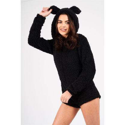 Loungeable Womens Teddy Sherpa Fleece Romper Onesie - Black