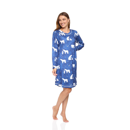 La Marquise Womens Jersey Knit Polar Bear Long Sleeve Nightdress - Navy