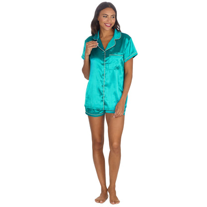 Slumber Party Womens Satin Pyjama Top and Shorts - Teal