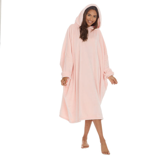 Slumber Party Womens Fleece Longline Hooded Poncho - Pink