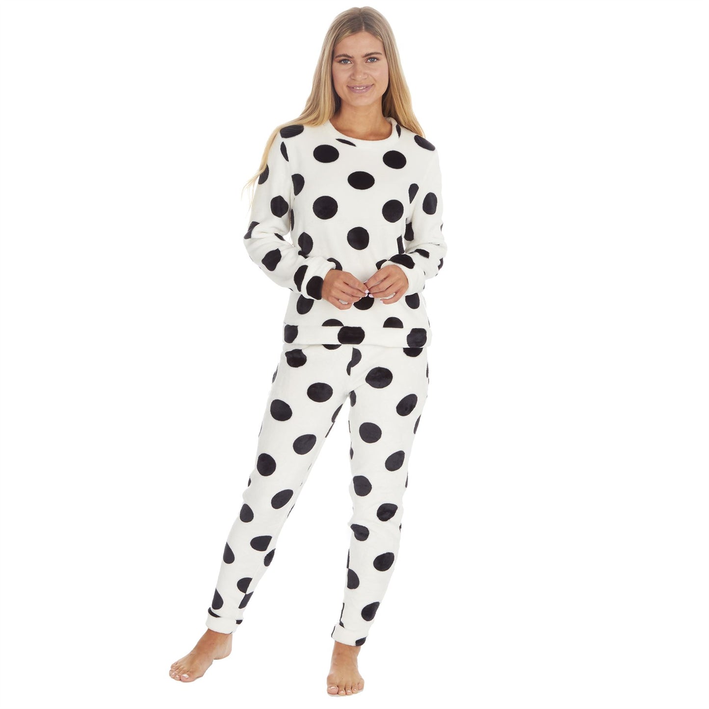 Forever Dreaming Womens Spot Print Flannel Fleece Pyjama Set - Cream/Black