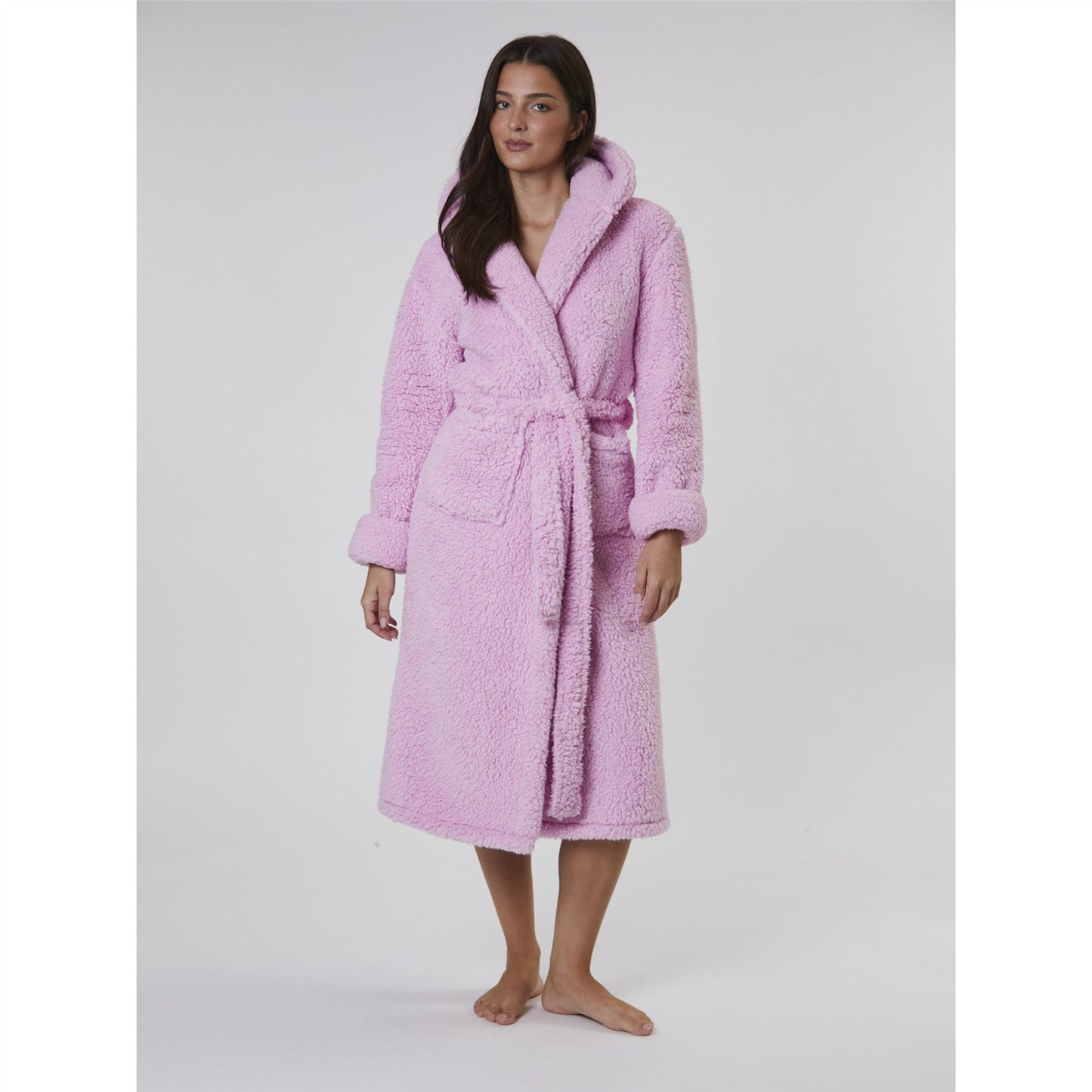 Loungeable Chunky Sherpa Hooded Midi Robe - Pink
