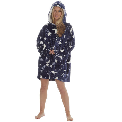 Forever Dreaming Womens Oversized Fleece Hoodie - Navy Stars