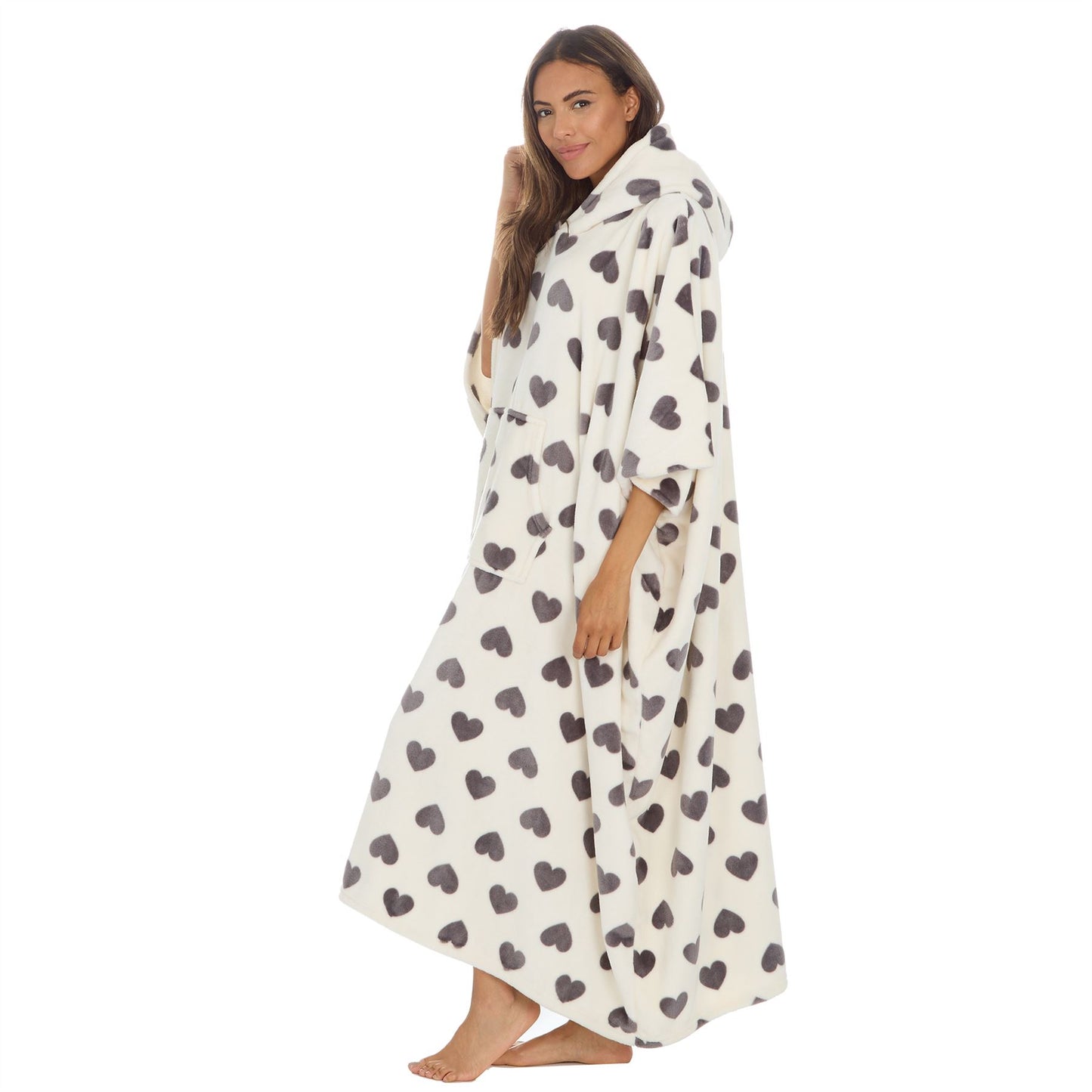 Huggable Hoodie Womens Fleece Oversized Poncho - Cream/Grey Hearts