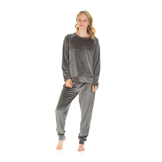 La Marquise Womens Velour Lounge Diamond Front Pyjamas - Charcoal
