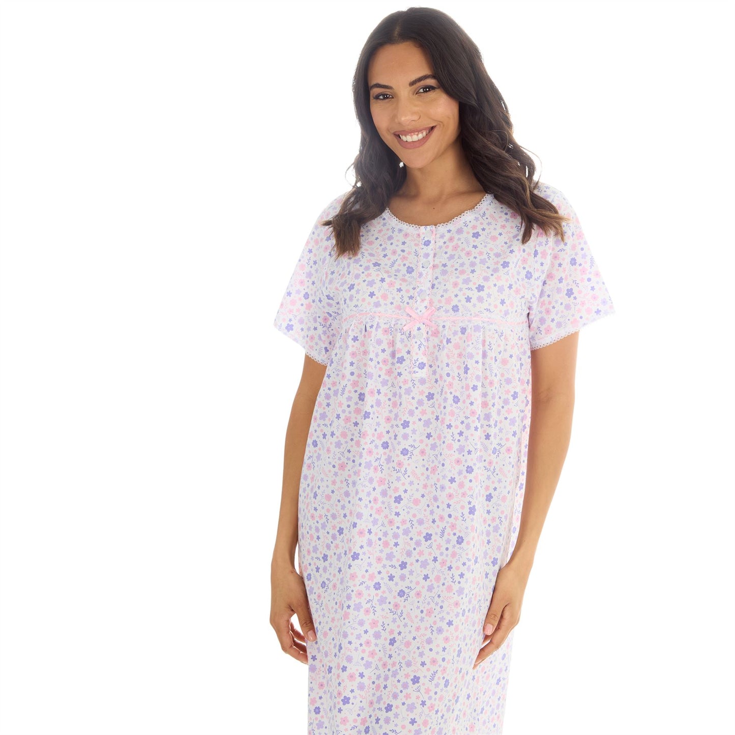 Countess Christie Short Sleeve Woven Poplin Floral Nightdress - Purple/Pink