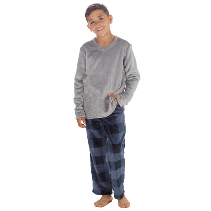 Cargo Bay Kids Fleece Pyjamas - Grey/Navy Check