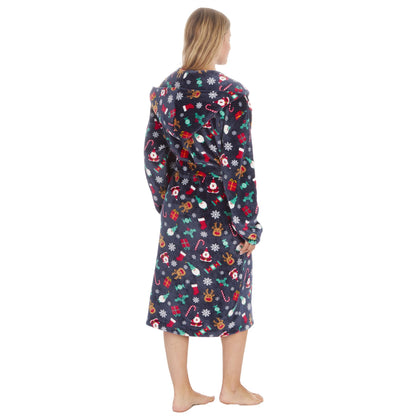 Onezee Unisex Christmas Print Flannel Fleece Robe - Navy