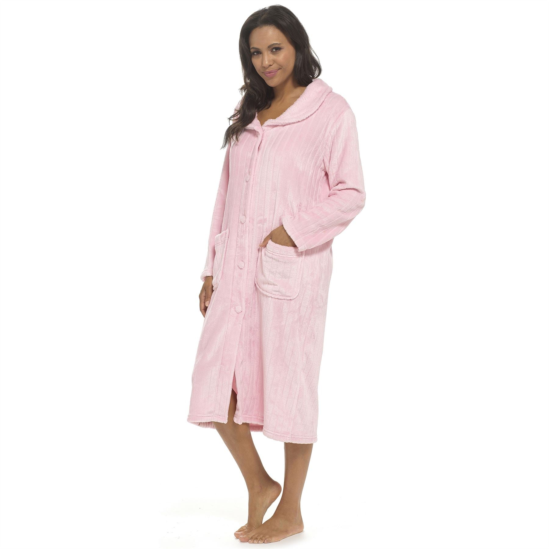 Wolf and Harte Womens Soft Touch Flannel Cut Button Robe - Pink Wolf and Harte