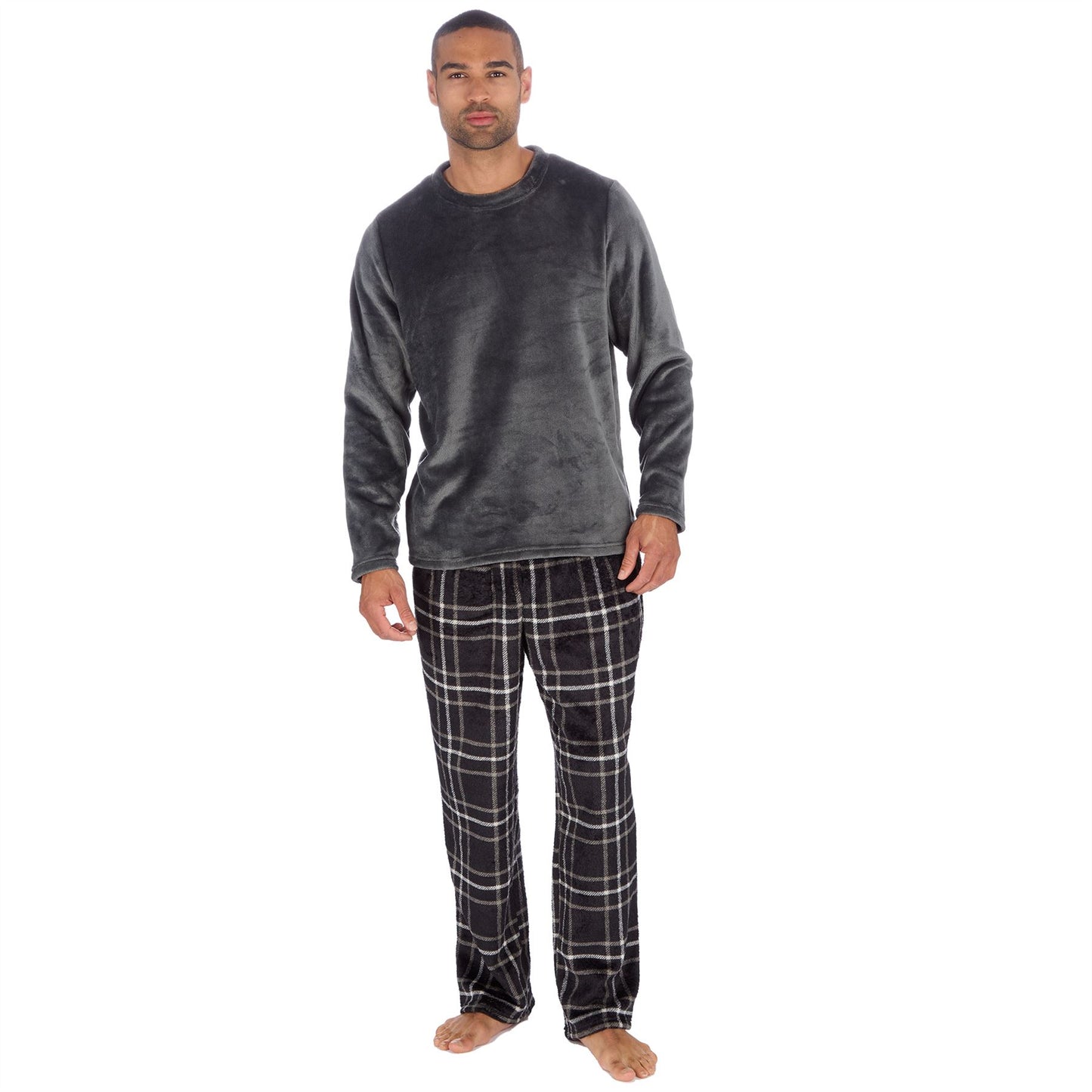 Cargo Bay Mens Fleece Check Pyjamas - Grey/Black Check
