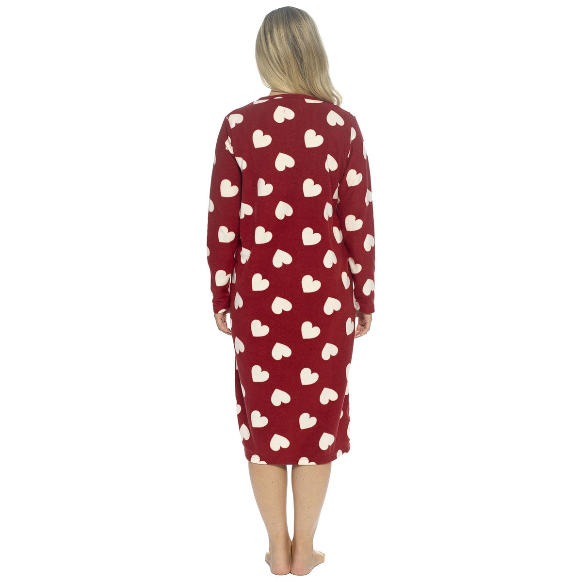 Wolf and Harte Womens Fleece Button Placket Nightdress - Wine Hearts Wolf and Harte