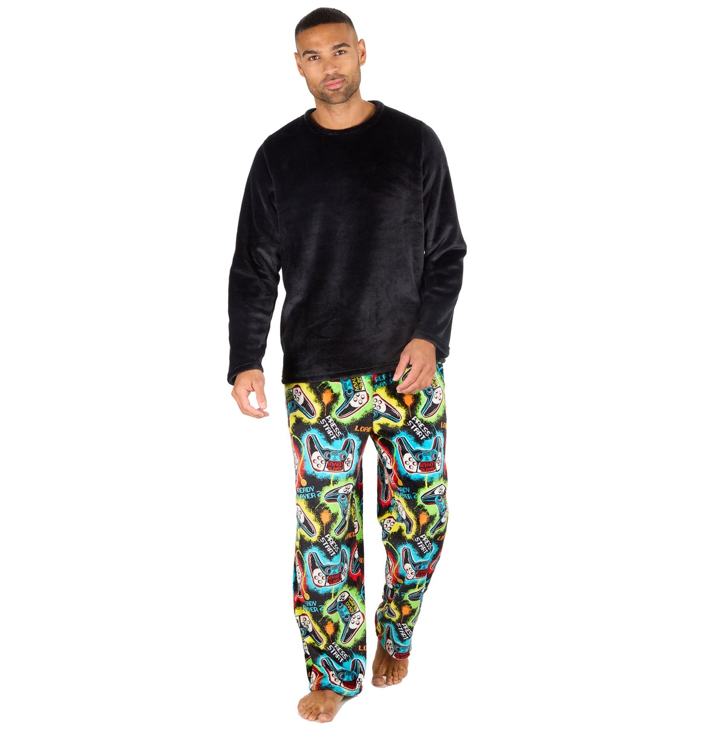 Cargo Bay Mens Fleece Pyjamas - Black/Gamer Print