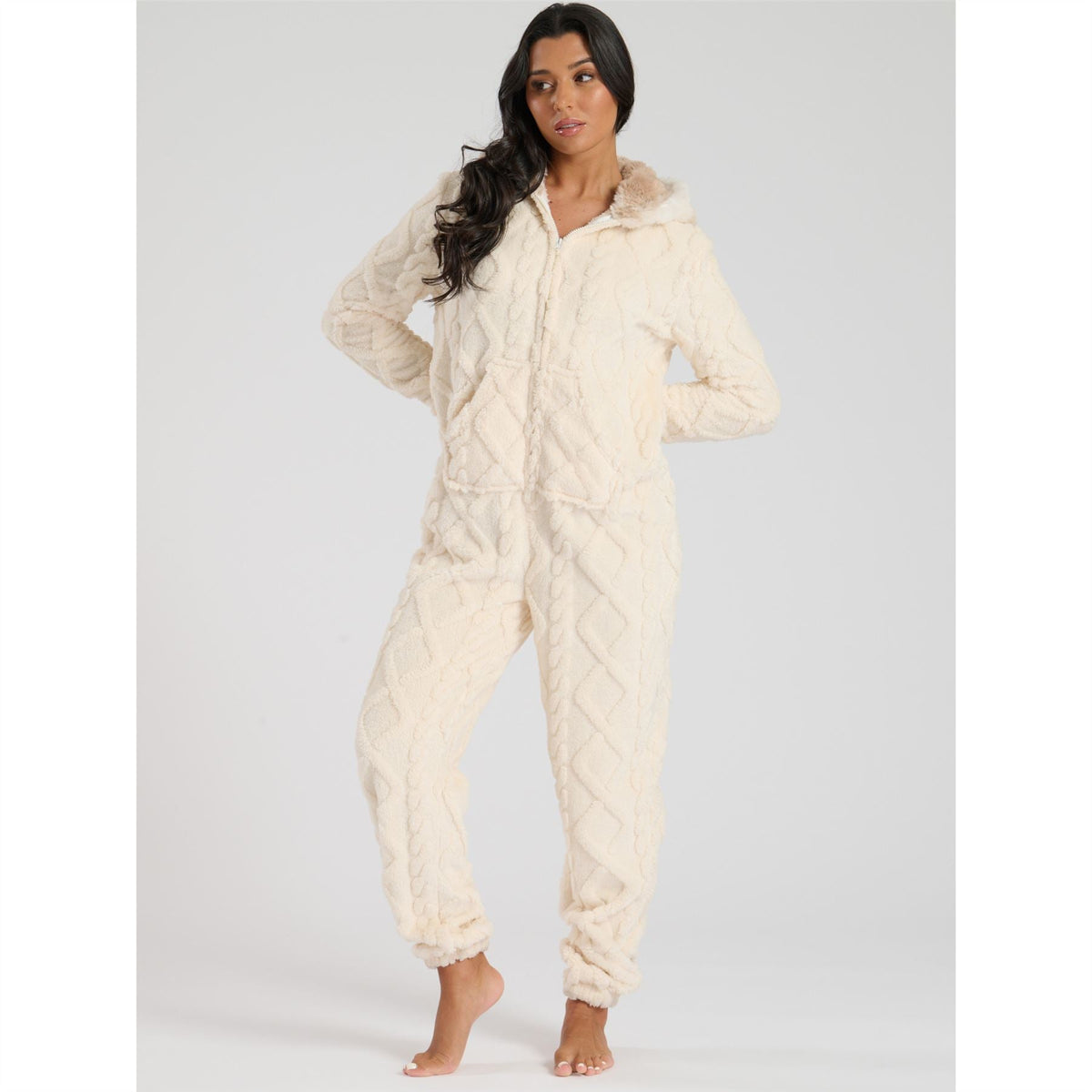 Loungeable Womens Cable Cut Faux Fur Sherpa Fleece Onesie Loungeable