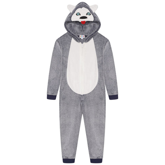 Nifty Kids Husky Dog Fleece Onesie - Blue/Grey