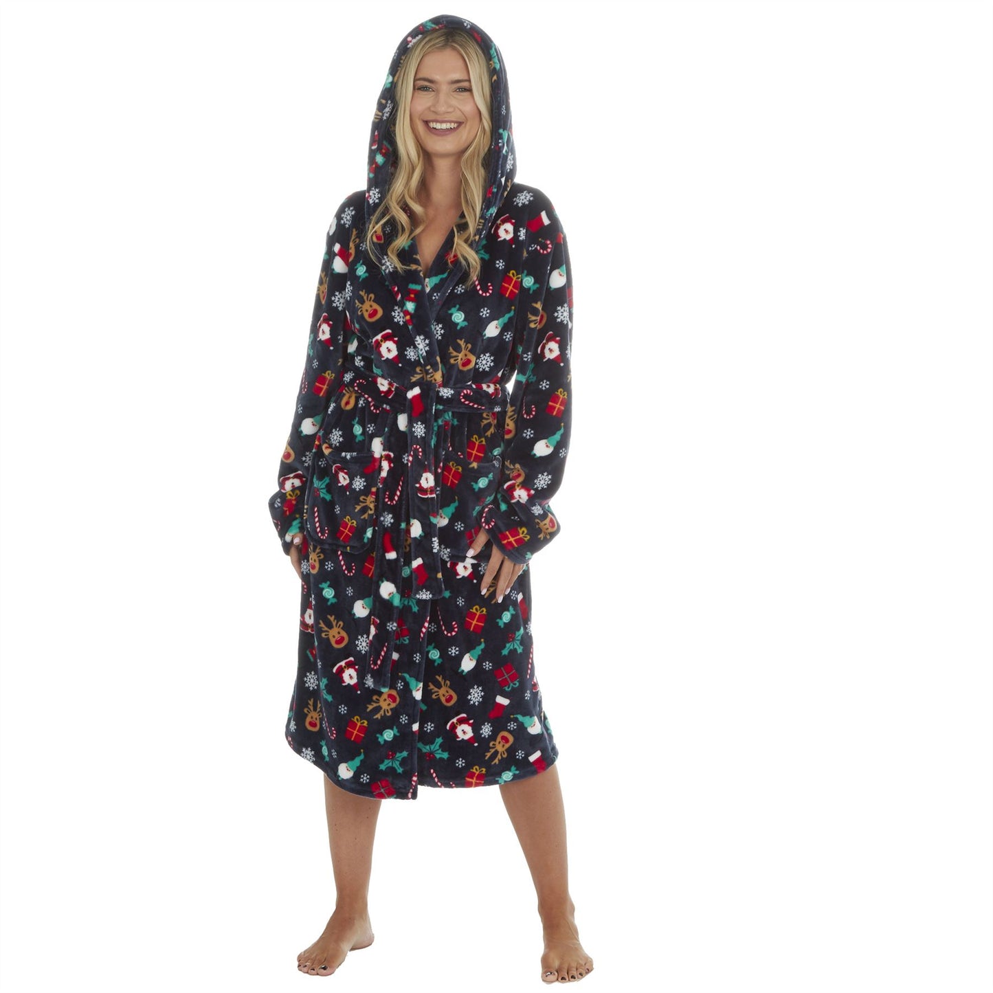 Slumber Party Unisex Christmas Print Flannel Fleece Robe - Navy