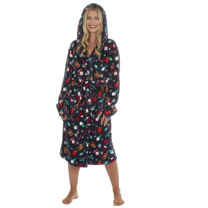 Slumber Party Unisex Christmas Print Flannel Fleece Robe - Navy