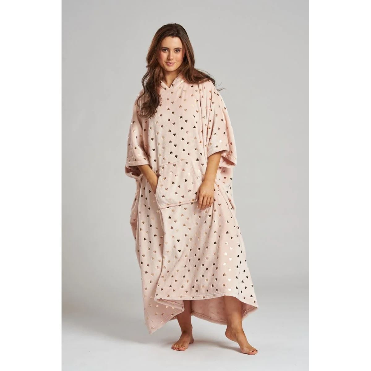 Loungeable Womens Foil Heart Long Luxury Fleece Hooded Poncho - Pink