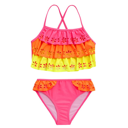 Red Melon Girls Laser Cut Floral Bikini Set - Pink