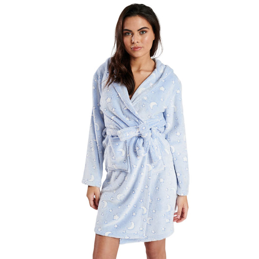 Loungeable Womens Moon/Stars Fleece Hooded Robe - Blue