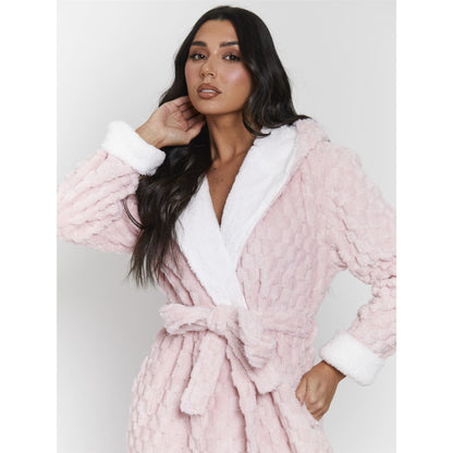 Loungeable Luxury Geometric Fleece Hooded Maxi Robe - Pink