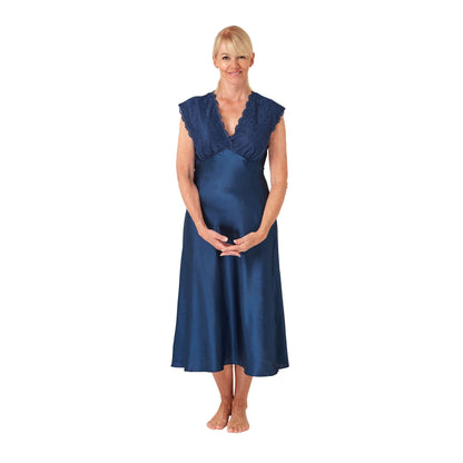 Marlon Womens Long Satin Nightdress - Ocean Blue