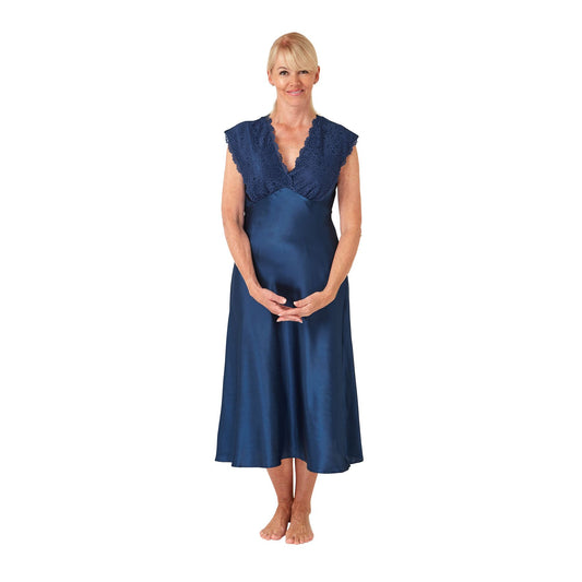 Marlon Womens Long Satin Nightdress - Ocean Blue