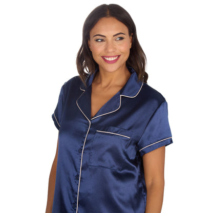 Slumber Party Womens Satin Pyjama Top and Shorts - Navy