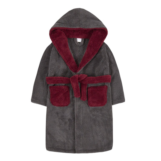4Kidz Kids Contrast Robe - Charcoal/Burgundy