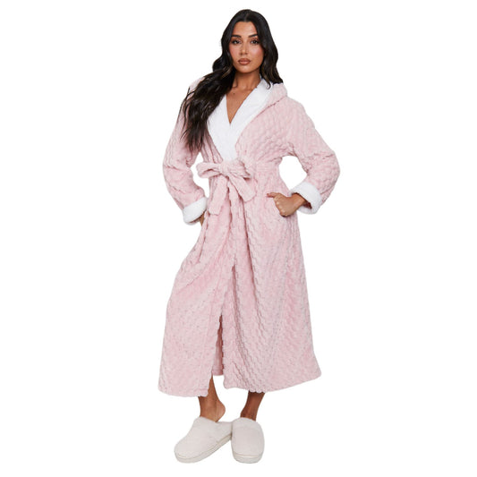 Loungeable Luxury Geometric Fleece Hooded Maxi Robe - Pink