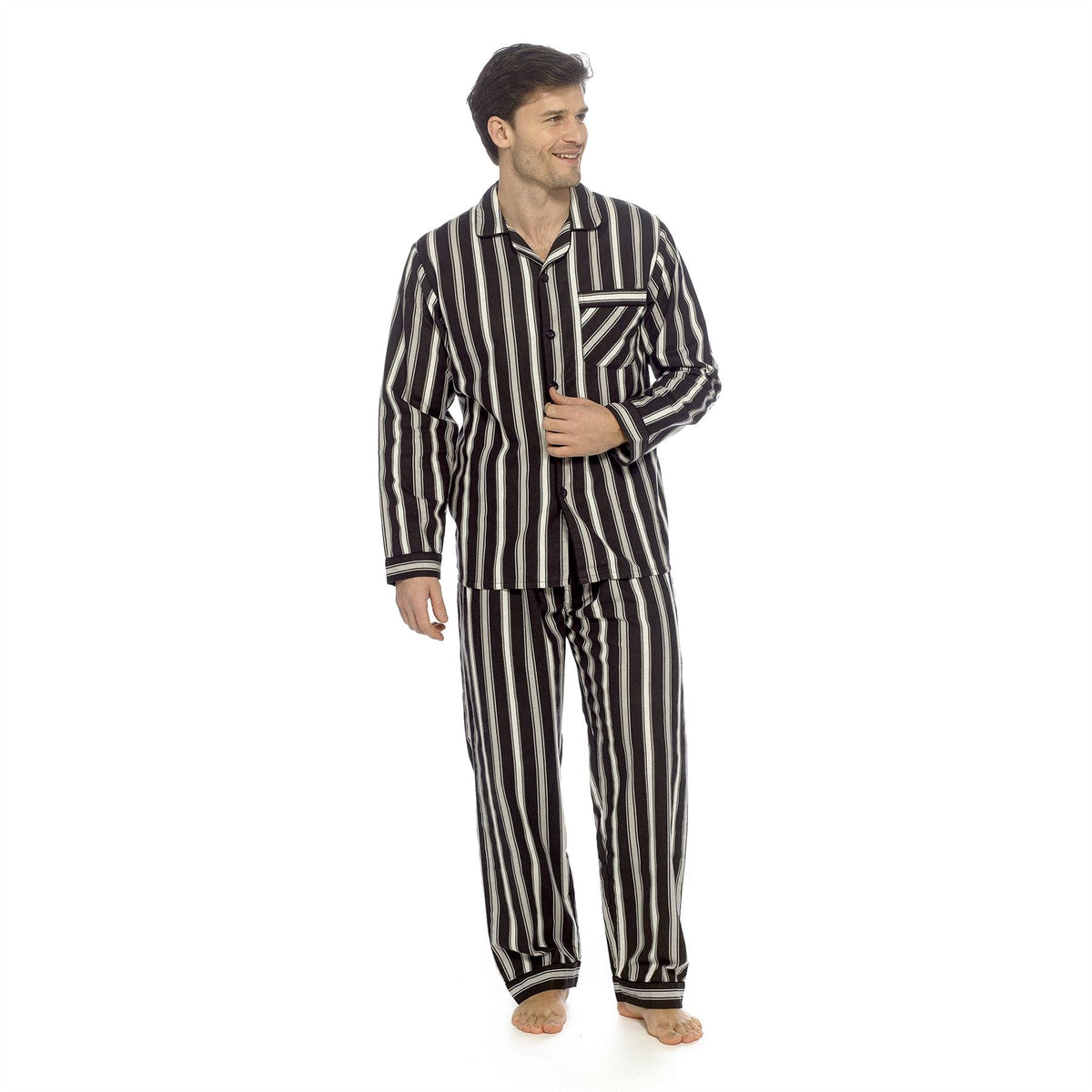Tom Franks Mens Flannel Pyjamas - Black/White Stripe Tom Franks