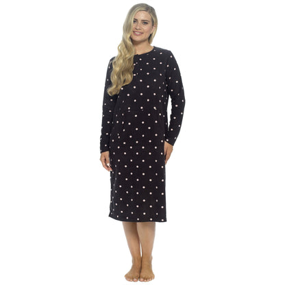 Wolf and Harte Womens Fleece Button Placket Nightdress - Black Spots Wolf and Harte