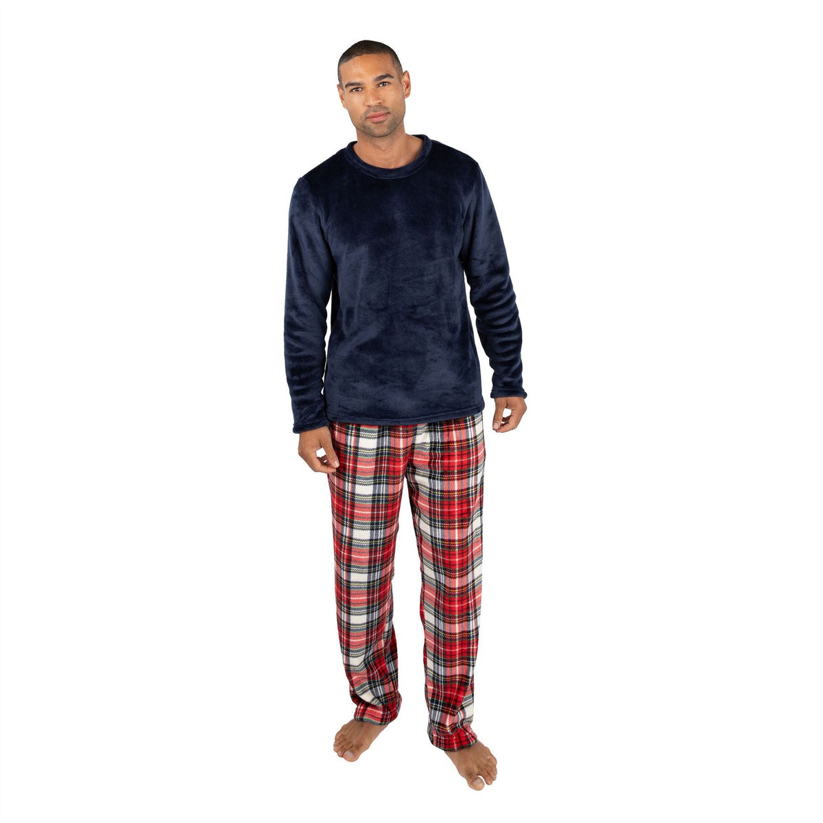 Cargo Bay Mens Crew Neck Fleece Pyjamas - Navy/Red Check Cargo Bay