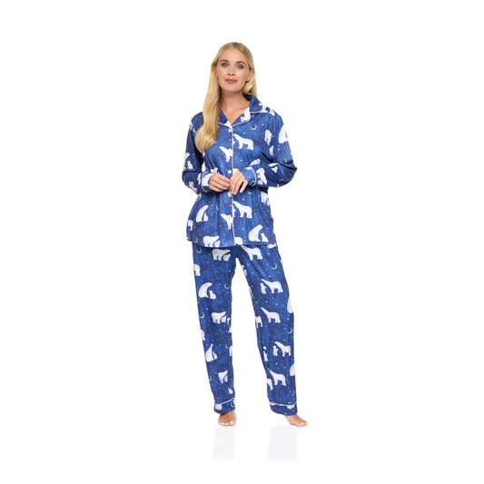 La Marquise Womens Jersey Knit Button Through Polar Bear Pyjamas - Navy