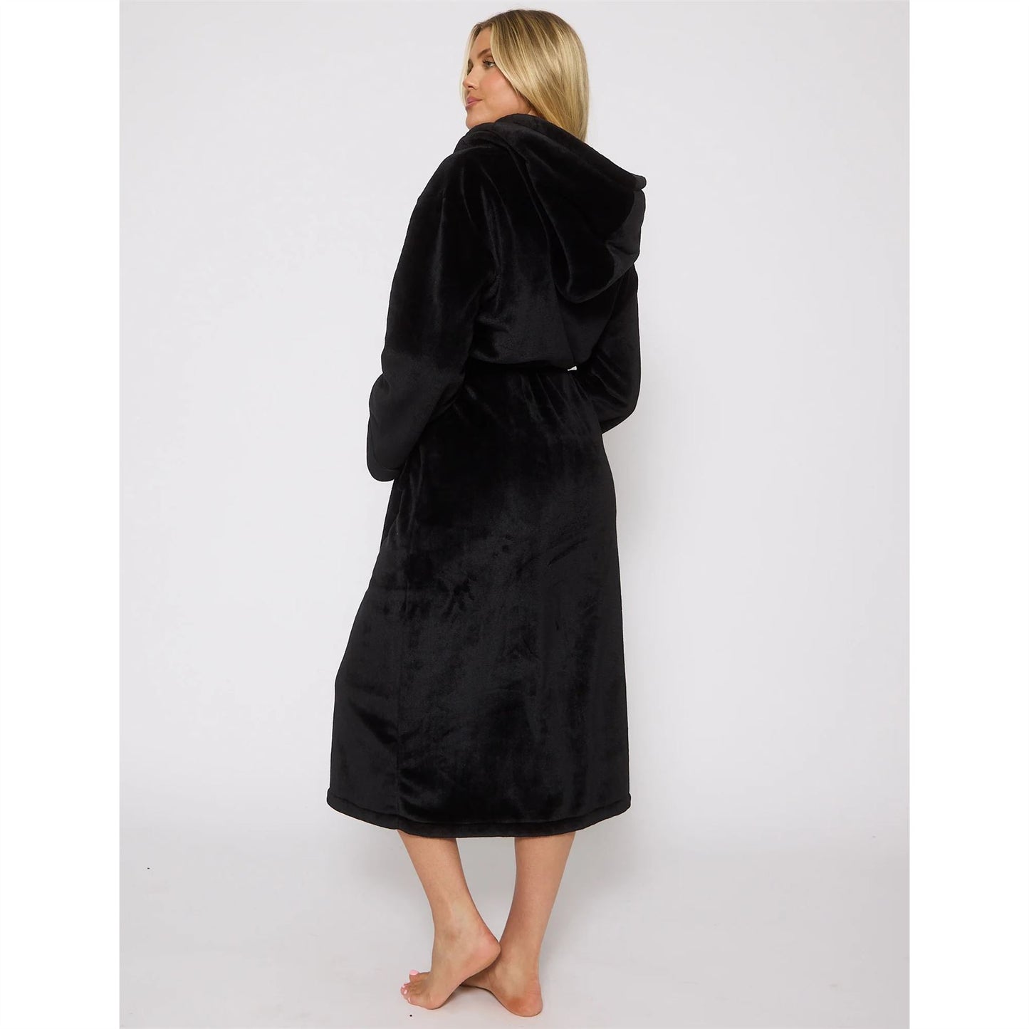 Loungeable Ribbon Trim Luxury Fleece Hooded Maxi Robe - Black