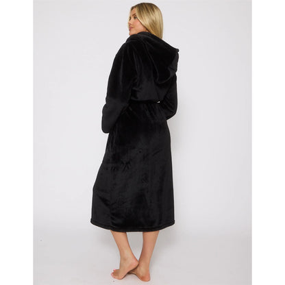 Loungeable Ribbon Trim Luxury Fleece Hooded Maxi Robe - Black
