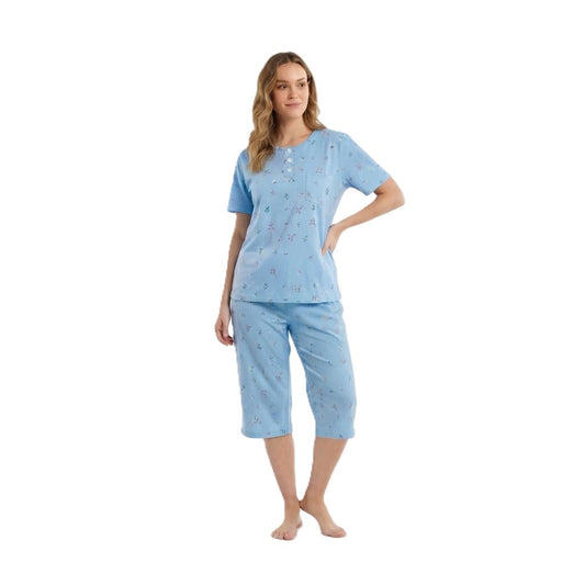 Fine Woman Womens Floral Lace Cropped Pyjamas - Blue Fine Woman