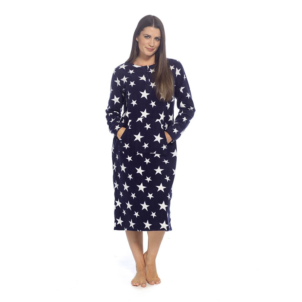 Wolf and Harte Womens Fleece Button Placket Nightdress - Navy Stars