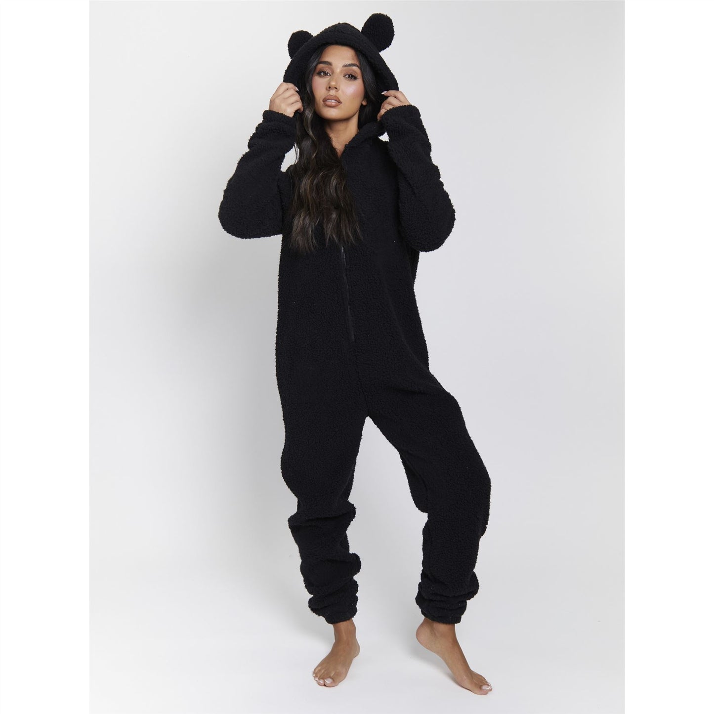 Loungeable Womens Sherpa Fleece Teddy Bear Onesie - Black